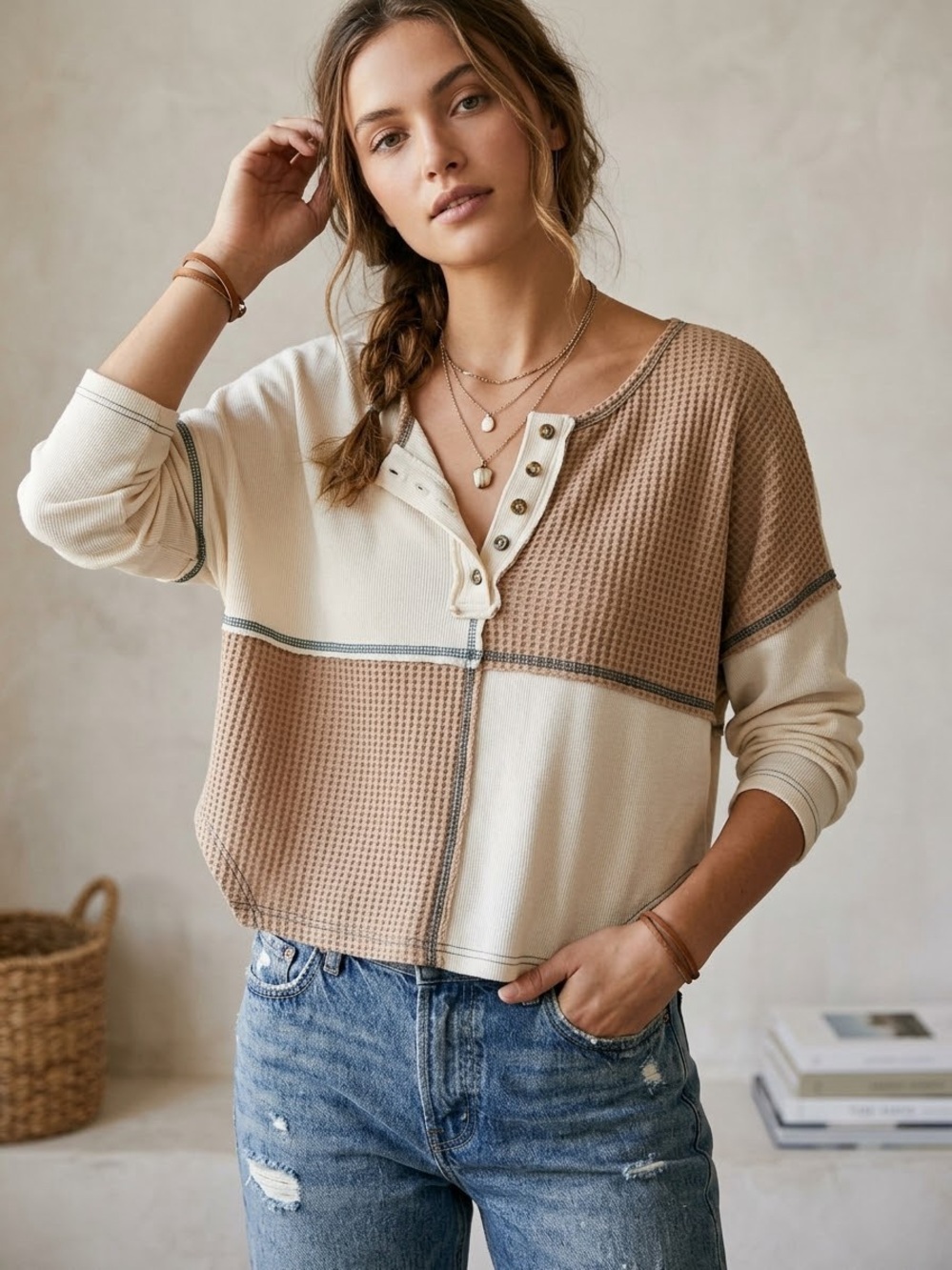 POL Tan Beige Oatmeal Cream Waffle Knit Colorblock Henley Top S Neutral Boho